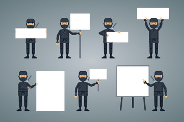 Set of ninja characters posing with different blank banners. Cheerful ninja with paper, poster, placard, pointing to whiteboard, teach, advertise, promote. Flat style vector illustration © paper_owl