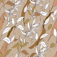 Tropical background of their green and contour plants. Light brown / beige texture for fabrics, tiles, paper and wallpaper