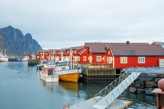 Boats in Habour in Noway with red robuer
