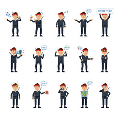 Big set of ninja characters showing different actions, gestures, emotions. Cheerful ninja singing, sleeping, holding banner, loudspeaker, map and doing other actions. Simple vector illustration