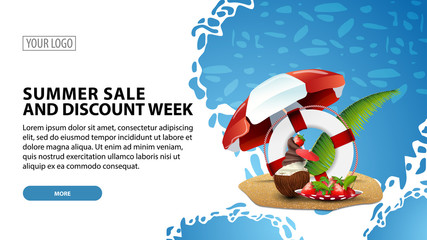 Summer sale and discount week, modern web banner for your website with coconut ice cream cocktail, beach umbrella, fruit, palm leaves and lifeline