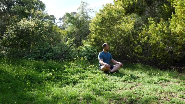 A white young man sitting in a green grassy forest meadow in nature on a scenic sunny day thinking about life and meditating to increase happiness.