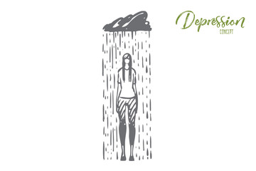 Rain, depression, woman, sad, stress concept. Hand drawn isolated vector.