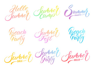 Summer lettering set. Modern Summer calligraphy with trendy vibrant colors. Vector labels for party, festival, camp, sale etc.