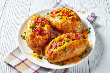 close-up of Loaded freshly Baked hot Potatoes