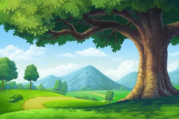 Gartenposter Landschaft Gemälde für den Hügel Bäume und Wege