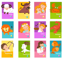 Set illustration with cartoon zodiac signs vector