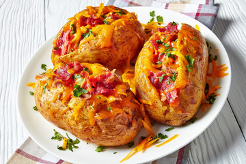 close-up of Loaded freshly Baked hot Potatoes