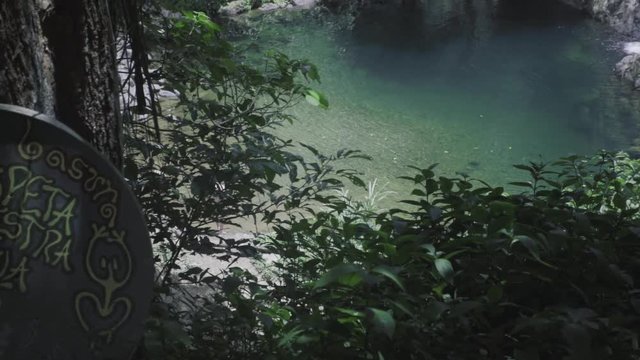 SLOW MOTION: moving around some shrubbery to reveal a girl walking into the base of Mango Waterfall in Adjuntas, Puerto Rico.