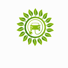 Eco car green leaf and car sign vector design