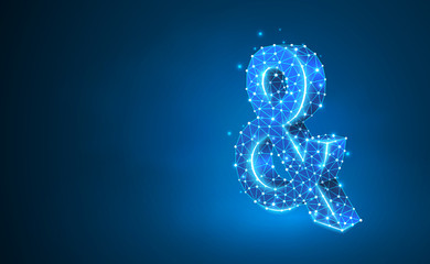 Fototapeta premium Ampersand sign. Programming logical operator AND. Wedding invitation symbol. Abstract, digital, wireframe, low poly mesh, raster neon 3d illustration. Triangles, lines, dots, stars on blue background
