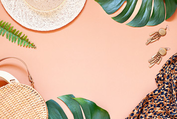 Fashion vacation concept tropical summer flat lay. Top view. Copy space