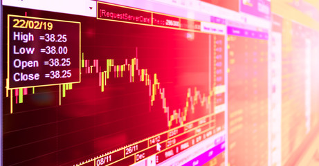 Still life close up shot of candle stick graph chart of stock market investment trading. Live stock trading online with filter effect,