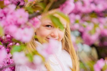 Fototapeta premium Allergy remedy. Pollen allergy concept. Get rid of seasonal allergy. Girl enjoying floral aroma. Kid on pink flowers sakura tree background. Child enjoy life without allergy. Sniffing flowers