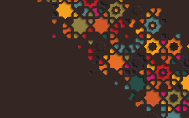 Islamic arabesque design greeting card for Ramadan Kareem,Arabic ornamental colorful detail of mosaic isolated on a dark background