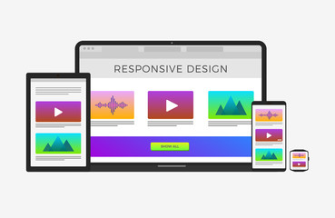 Scalable and flexible responsive web design concept - computer laptop, tablet, mobile phone, smart watch. Responsive website flat vector icon.