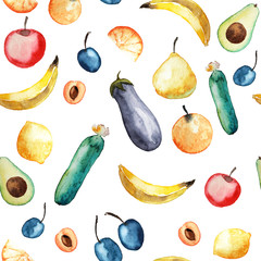 fruits and veggies. watercolor seamless background