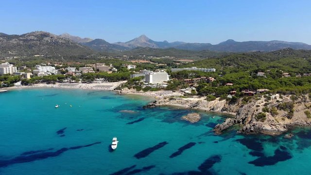 Aerial view, Flight along Peguera with hotels and beaches, Costa de la Calma, Caliva region, Mallorca, Balearic Islands, Spain