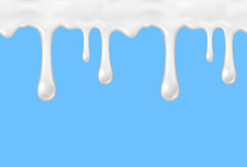 Milk drop, white water droplet or cream drip on blue background. Shampoo, gel or lotion skincare pattern. Vector milk product seamless border.