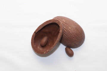 Opened chocolate easter egg with two small eggs