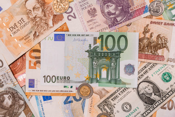 Fototapeta na wymiar Various paper money euro and dollar banknotes as background. many different currencies as colorful background concept global money.