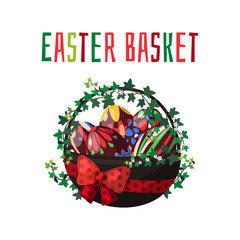 Vector illustrations on the Easter theme; basket with chocolate colored eggs and spring flowers.