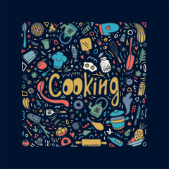 Cooking lettering doodle square illustration. Sketch kitchenware. Ingredients. Kitchen utensil and appliance design elements. Food preparation cliparts. Vector  line art on dark background