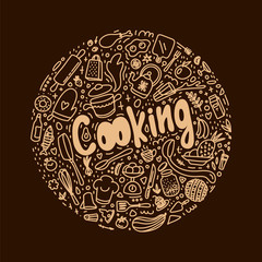 Cooking doodle round illustration on blackboard. Sketch kitchenware. Ingredients. Kitchen utensil and appliance design elements. Food preparation cliparts. Vector line art. Coffee color 