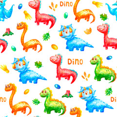 Seamless pattern watercolor colorful dinosaurs with eggs, trace, volcano ana leafs on white background.  Wallpaper or print or textile about dragon for kids. Look in one way and  have one distance.