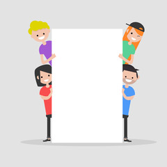 Young characters with white banner,Copy space.Mock up.Flat cartoon design