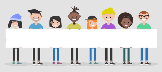 Young characters with white banner,Copy space.Mock up.Flat cartoon design