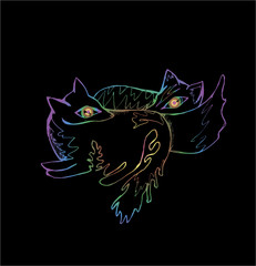 Neon illustration of two resting foxes. Love and tenderness.