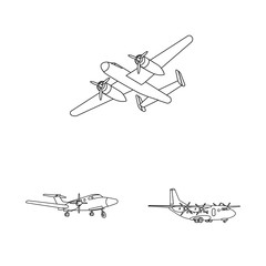 Vector illustration of plane and transport sign. Set of plane and sky vector icon for stock.