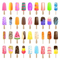 Popsicle icons set. Cartoon set of popsicle vector icons for web design