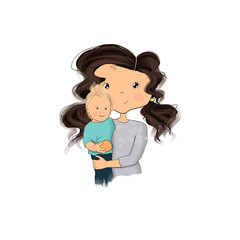 Brunette Hair Woman With Child Isolated On A White Background Hand Drawn Illustration
