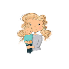 Blonde Hair Woman With Child Isolated On A White Background Hand Drawn Illustration