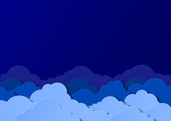 Design with cumulus clouds in the night sky. Paper cut design for cards, invitations, advertisements. Vector illustration