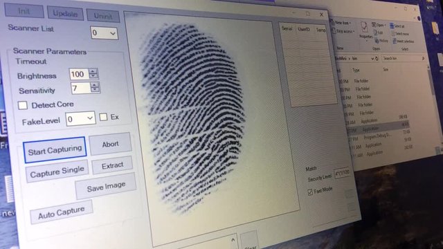 video of a real and real time fingerprint sensor at a processing software