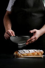 man in apron serving strudel. recipe of strudel or pie. baker decorating concept