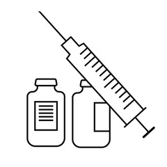 Syringe and vials icon illustration. Flu shot. Vaccination. Virus, infection prevention. Vaccine. Medications,  drugs. Contour symbol. Vector isolated outline drawing. 