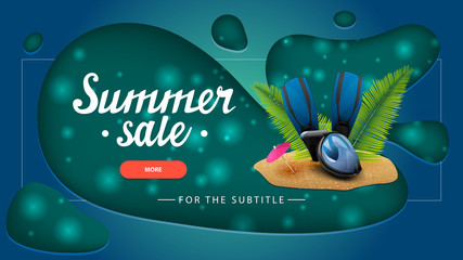 Summer sale, green discount banner with modern design for your website with diving mask, fins and palm leaves
