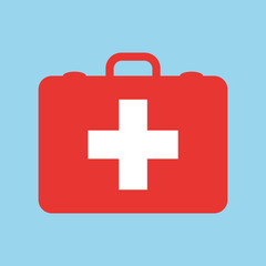 Red first aid kit isolated on blue background. Health care, help and medical first aid kit, vector icon.