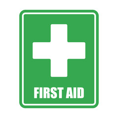 First aid help sign, green color with white cross, vector icon. First aid sign with cross, health care.