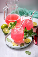Rhubarb drink with lime and mint, refreshing summer drink