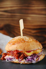 close up tasty burger with beef cheese and vegetable