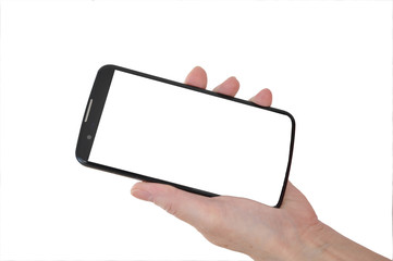 hand holding black phone isolated on white clipping path inside
