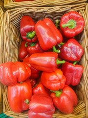 Orange, green and yellow sweet mix bell peppers close up bulgarian pepper fresh, assorted colorful capsicum paprika
