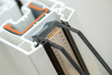 Window profile cut of with metal, glass and insulation