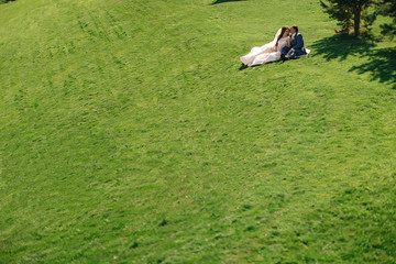 Naklejka premium Happy bride and groom are sitting on the green grass