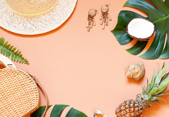 Fashion vacation concept tropical summer flat lay. Top view. Copy space